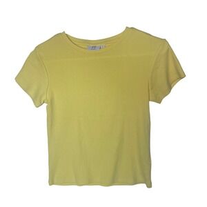 Coco Bella Womens Yellow Ribbed Short Sleeve Crew Neck T-Shirt Small